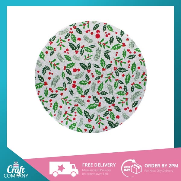 Create A Cake 10" Double Thick Round Silver Holly Print Card Single, Baking and Cake Decorating | Craft Company