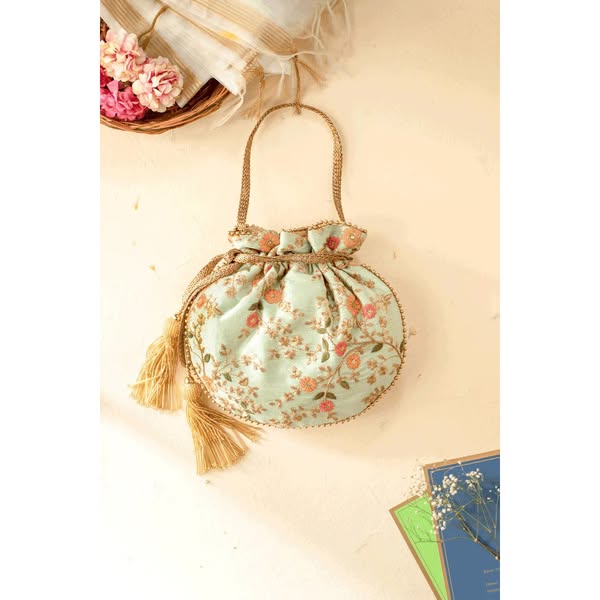Floral Creeper Potli Bag - Mint