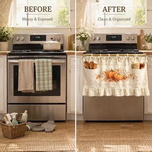 Personalized Fall Oven Skirt, Custom Family Name Oven Curtain with Pockets, Pumpkin Farmhouse Kitchen Decor, Ruffled Stove Skirt, Autumn Hom