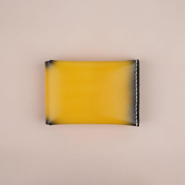 Minimalist Yellow Leather Bifold Card Holder - Patina Finish