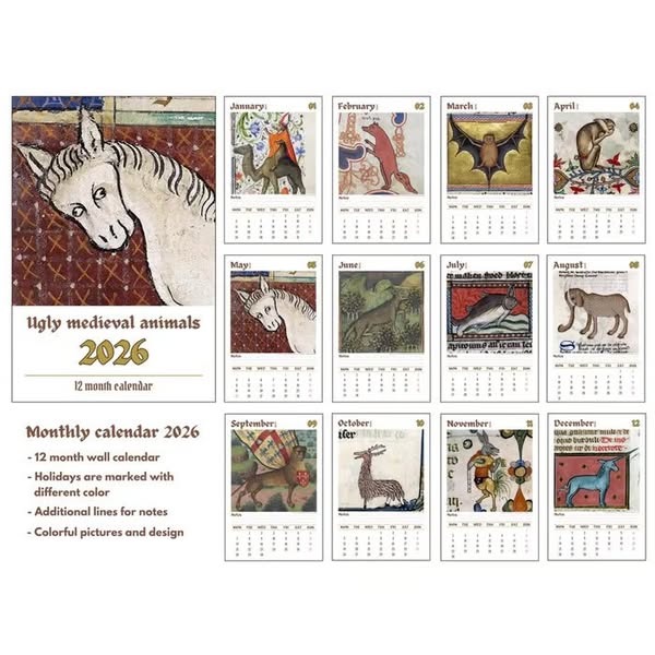 Ugly Medieval Animals 2026 Wall Calendar
