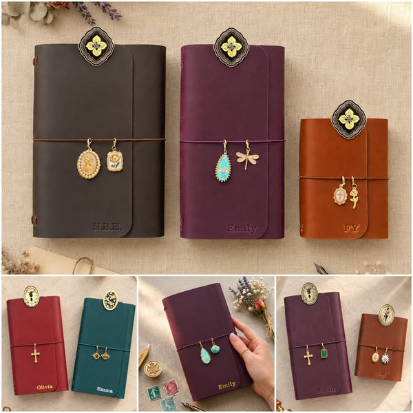 Personalized Leather Journal With Custom Name & Charms