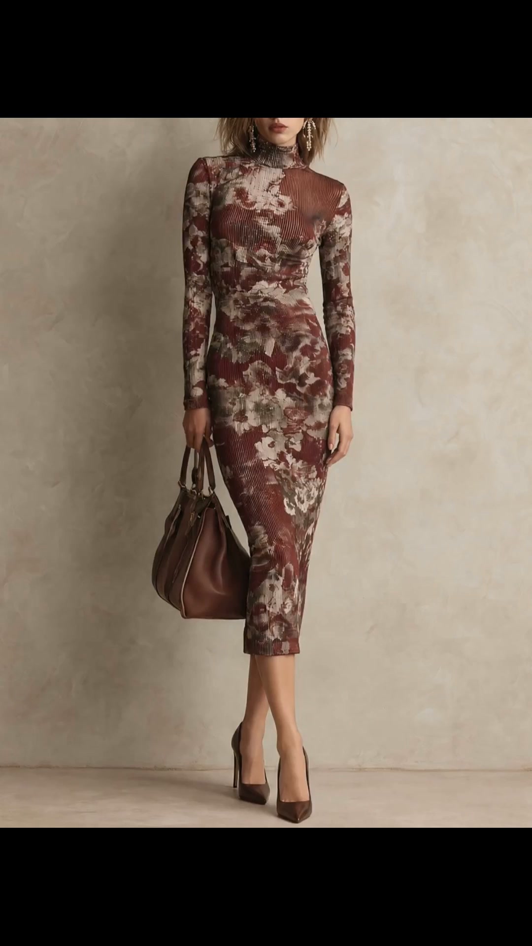 Retro Burgundy Floral Print Turtleneck Bodycon Midi Dress | 10% OFF