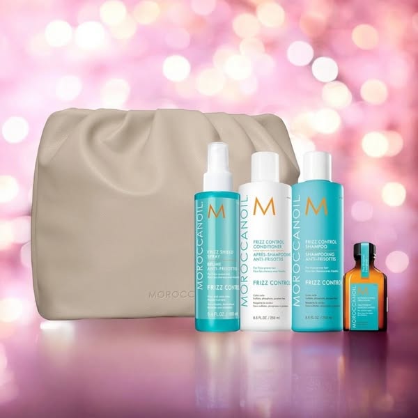 Moroccanoil Frizz Control - zestaw do włosów nieposłusznych i puszących się (szampon, odżywka, odżywka bezspłukiwania, kuracja) + kosmetyczk