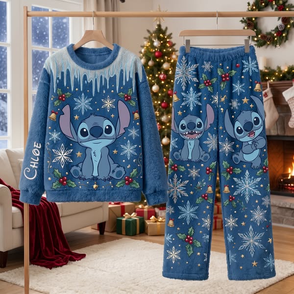 Cute Stitch Christmas Wreath & Holly (Denim Blue) - Personalized Fleec - Draconer