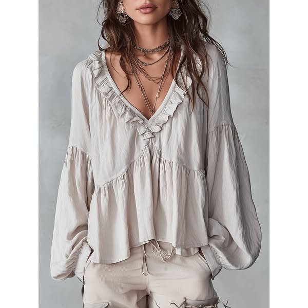 Airy Vintage-Inspired Ruffle Soft Ruffle Bohemian Blouse