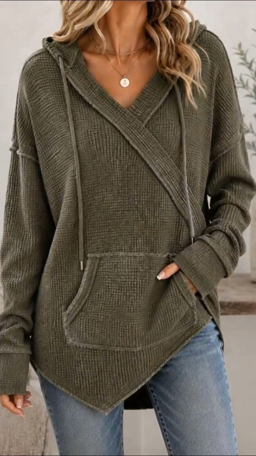 Waffle Knit Wrap‑Front Hooded Top