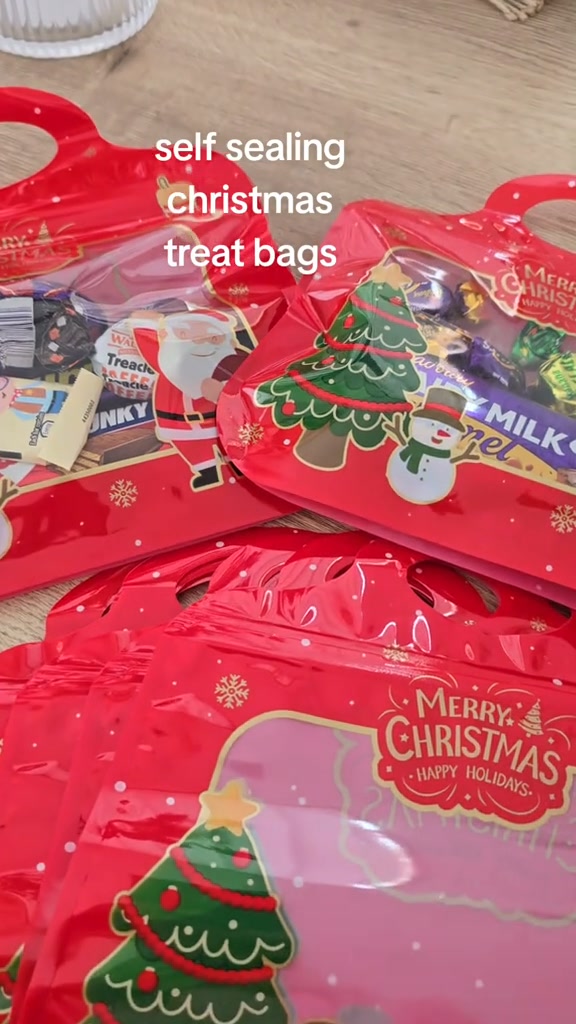 Easy Fill, Easy Seal Festive Self-Seal Treat Bags – Santa & Snowman Print | Resealable, Food-Safe & Perfect for Cookies, Chocolates & Li