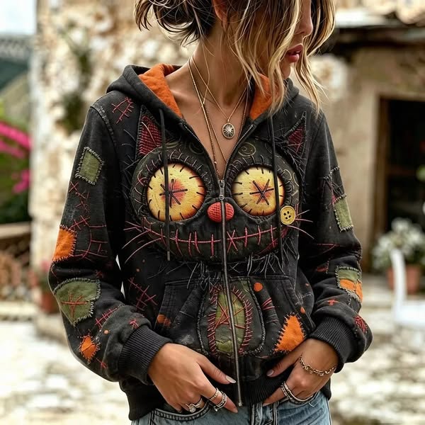Women's Halloween Big Eye Cat Print Zipper Hoodies