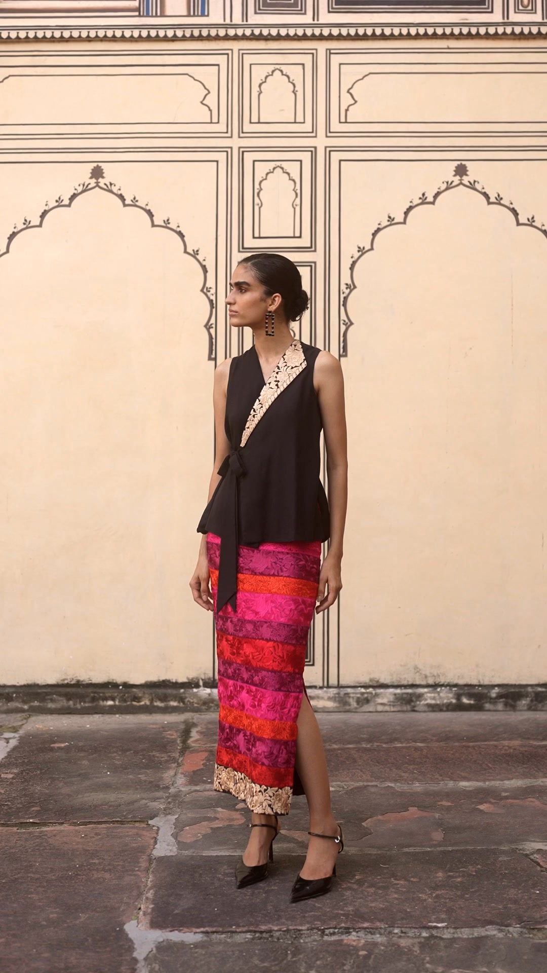 EMBROIDERED SIDE-TIE WAISTCOAT & STRIPED STRAIGHT CUT SKIRT