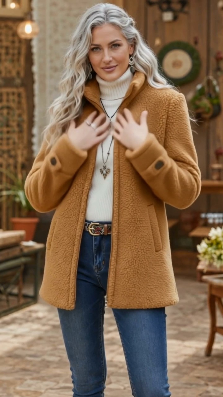 Women's Stand Collar Plush Jacket with Pockets