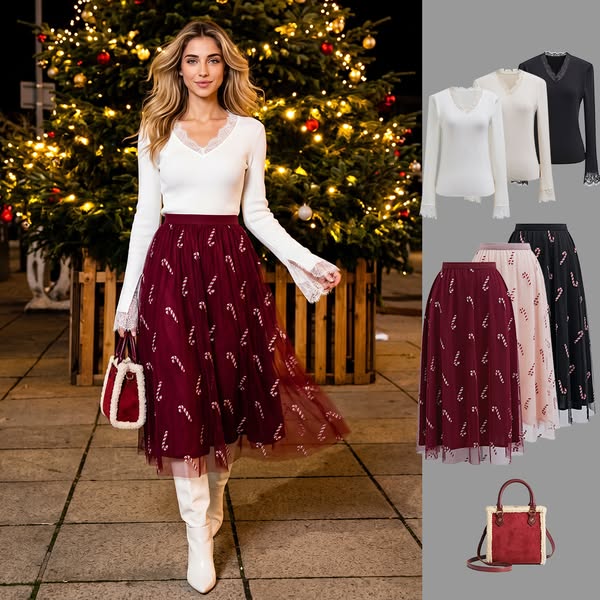 Shimmer Candy Cane Mesh Tulle Midi Skirt