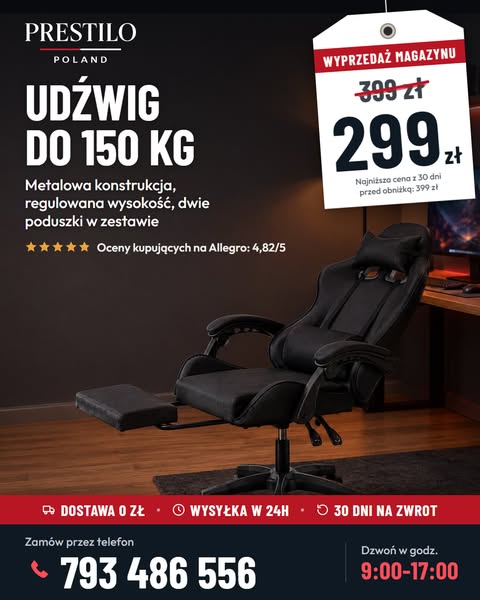 Fotel gamingowy z podnóżkiem | udźwig 150 kg | 299 zł