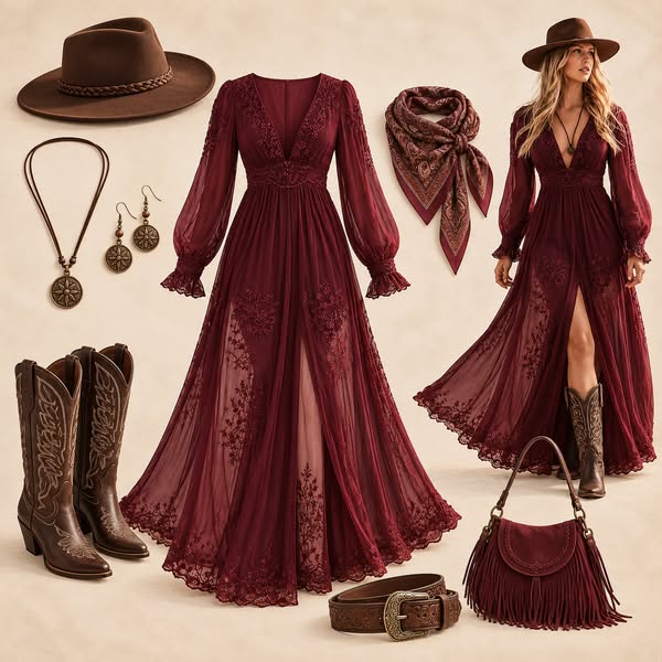 Ideal For Western Wedding Or Road Trip — Burgundy Embroidered Lace V-Neck Chiffon Boho Long Sleeve Maxi Dress
