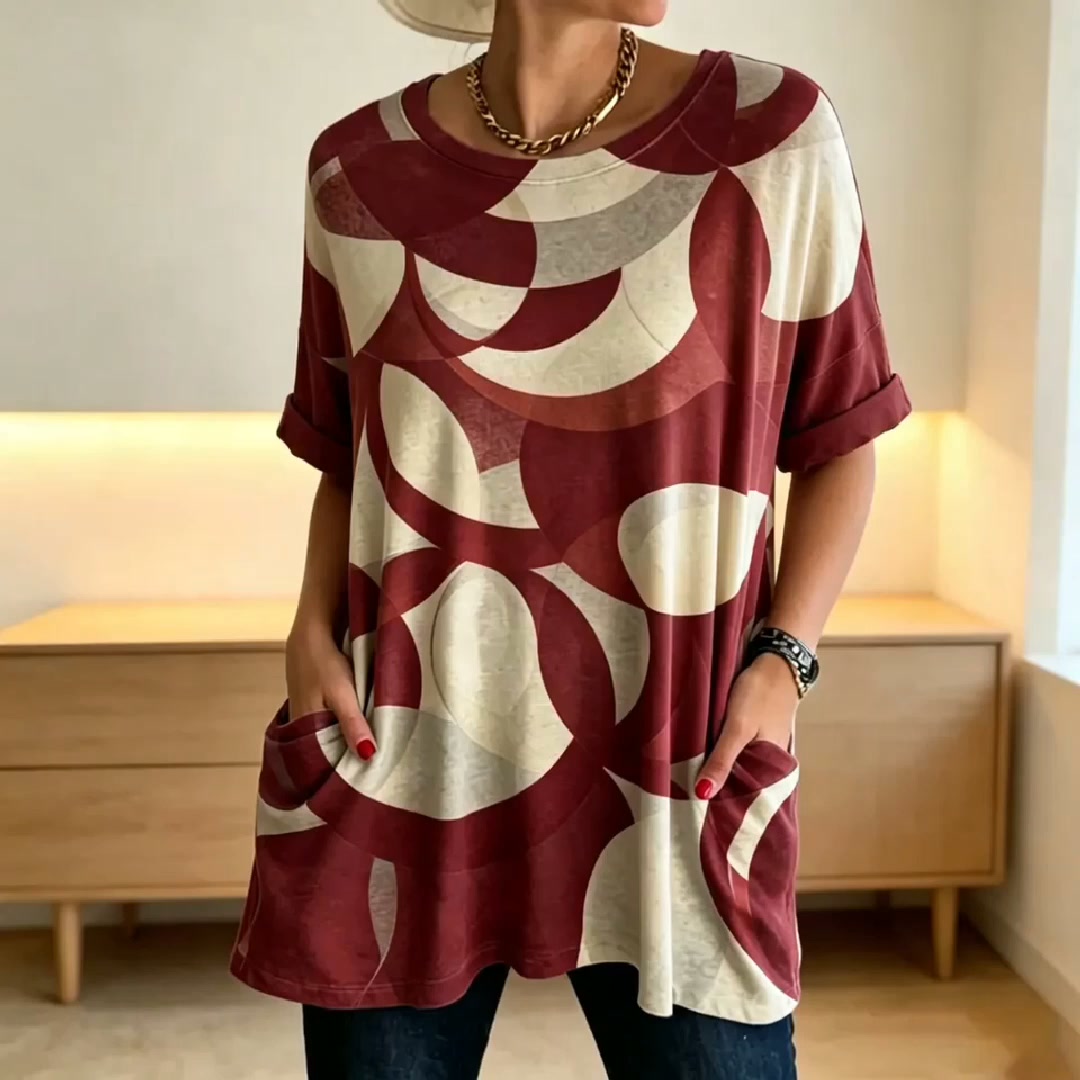 Burgundy Geometric Tunic: Super Stretchy + Hides Belly & Hips