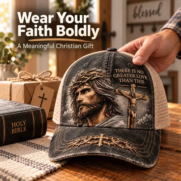 There Is No Greater Love Christian Jesus Hat – Vintage Crown of Thorns & Cross Faith Trucker Cap (100% Cotton) - Buy 1