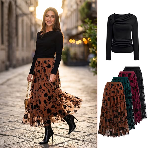 Flocked Rose Double-Layered Tulle Maxi Skirt