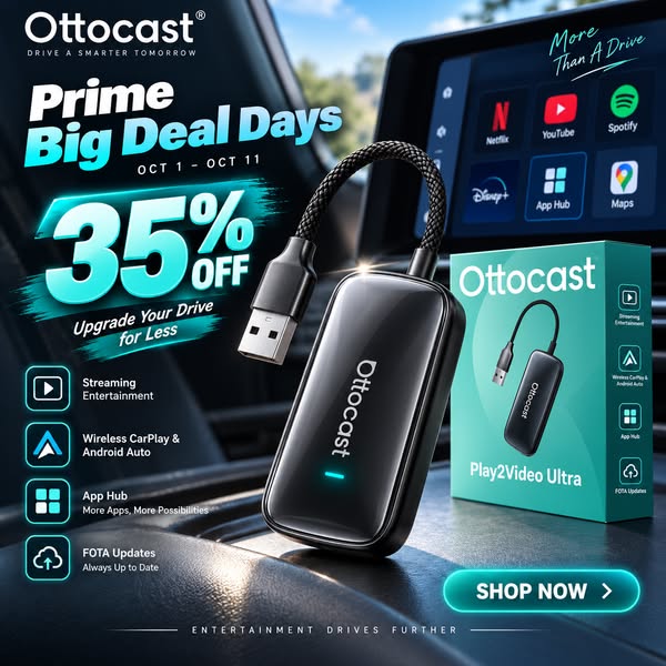 Ottocast® Play2Video Ultra CarPlay/Android Auto All-in-1 Adapter with App Hub