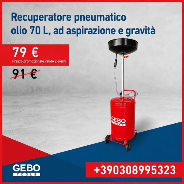 Recuperatore pneumatico di cambio dell'olio da aspirazione e da gravità 70 litri, con vasca di raccolta, asta regolabile, Gebo Tools