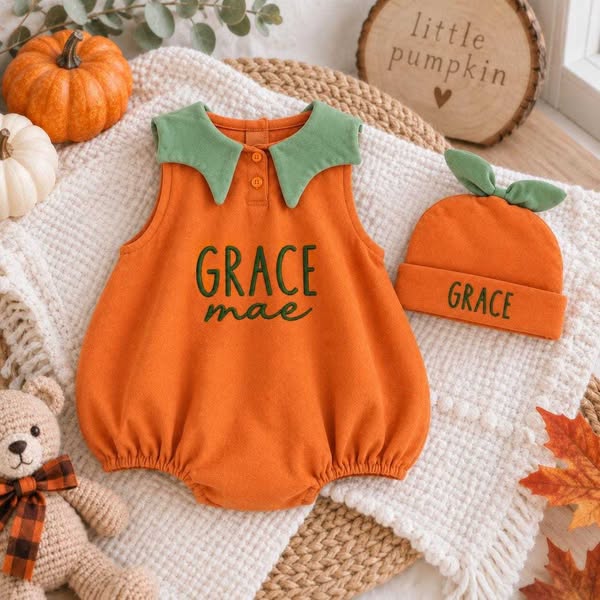 Personalized Baby Pumpkin Outfit, Embroidered Name Romper with Hat, First Halloween Baby Costume, Fall Newborn Gift