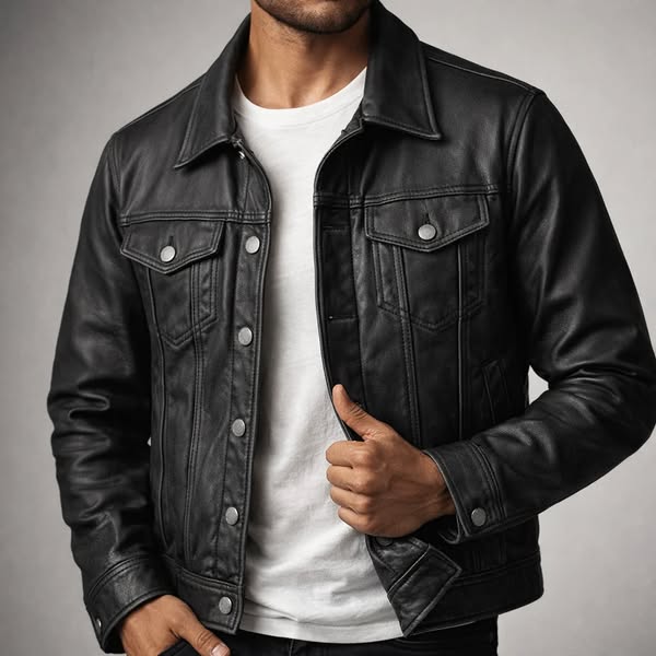 65% OFF | Men’s Patina‑Finish Leather Trucker Jacket