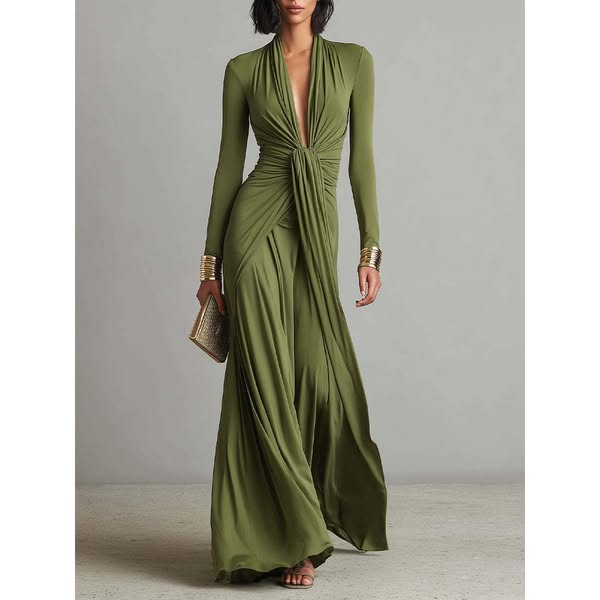 Silk Long Sleeve Draped Maxi Dress with Deep V-Neck and Front Twist Detail
