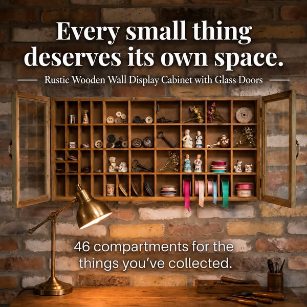 Rustic Wooden Wall Display Cabinet with Glass Doors – Multi-Compartment Storage Unit