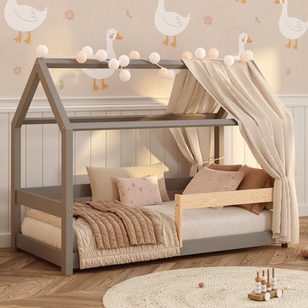 5% • Łóżko domek dla dziecka z barierką i stelażem MILO Montessori Drewniane, 90x190 - Szary | Smartwood