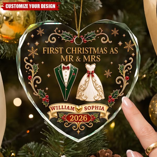 Personalized Heart Shaped Glass Ornament - First Christmas As Mr. & Mrs. Vintage