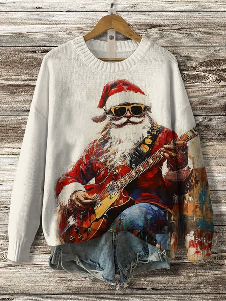 Women's Santa Claus Plays Guitar Print Knit Sweatshirt