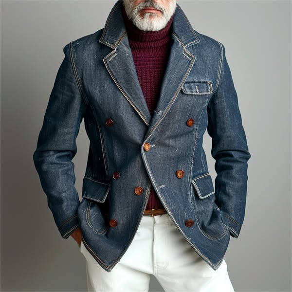Men's Business Denim Notch Lapel Buttons Flap Pocket Blazer