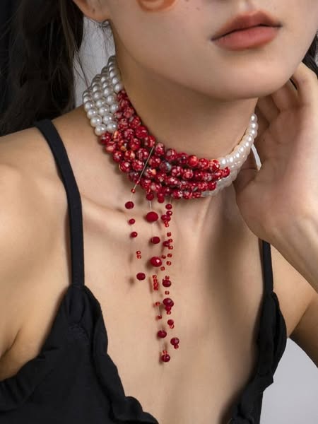 Halloween Statement Beaded Gothic Blood Drop Tassel Choker Earrings Ankle Necklace