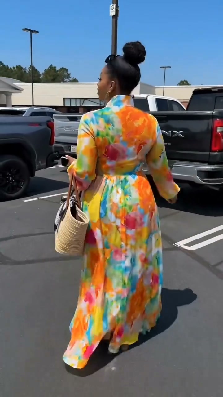 Contrast Color Printed Lapel Maxi Dress