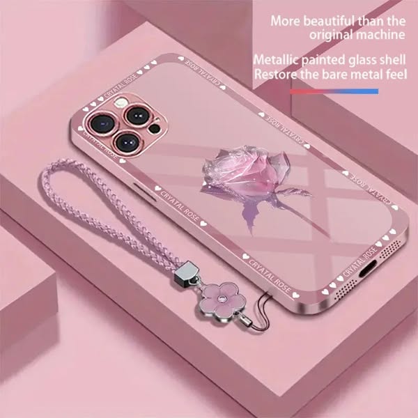 Ice‑Snow Rose Motif Glass Case with Lanyard