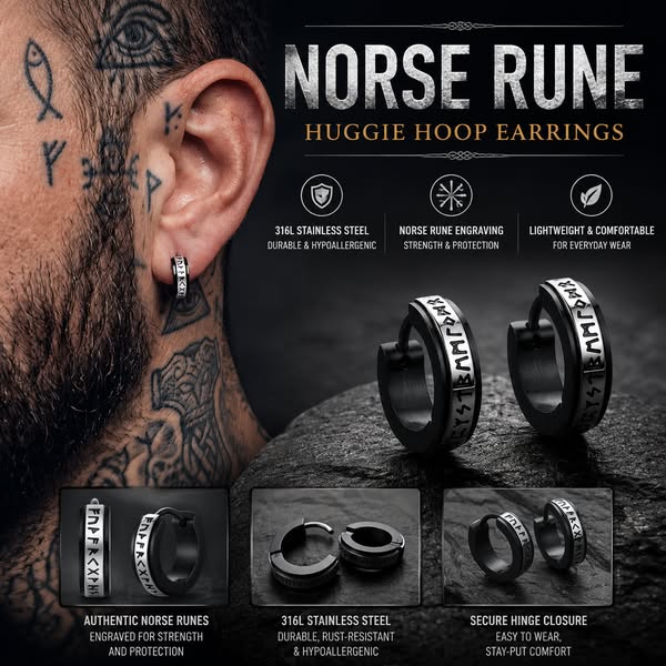 Viking Norse Rune Huggie Hoop Earrings for Men