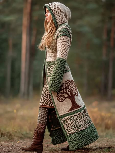 Celtic Tree Viking Art Women's Hooded Knit Long Cardigan Khaki green-M