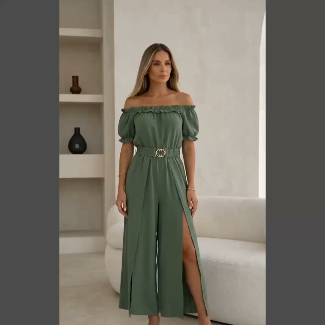 Σετ μπλούζα με έναν ώμο και παντελόνα Χακί One-Size