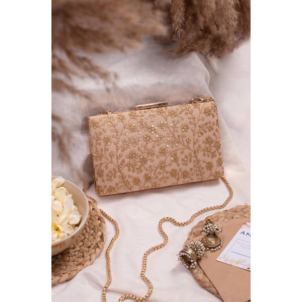 Beige sequin box clutch