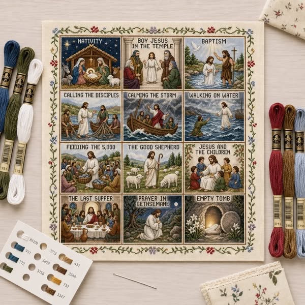 Beginner-Friendly Life of Jesus Bible Story Cross Stitch DIY Kit | 6 Biblical Collections with Fabric, Color-Matched Floss, Needle & Patt