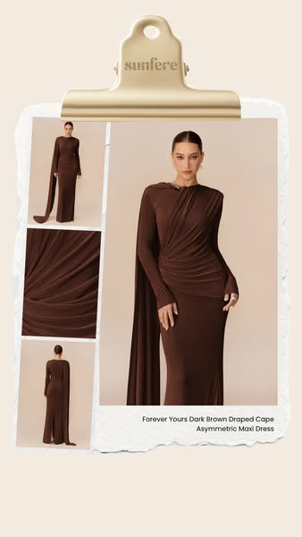 Brown Draped Cape Asymmetric Maxi Dress