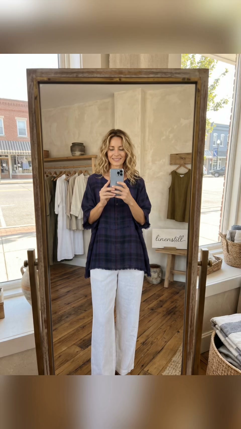100% Linen Plaid Frayed Hem Blouse