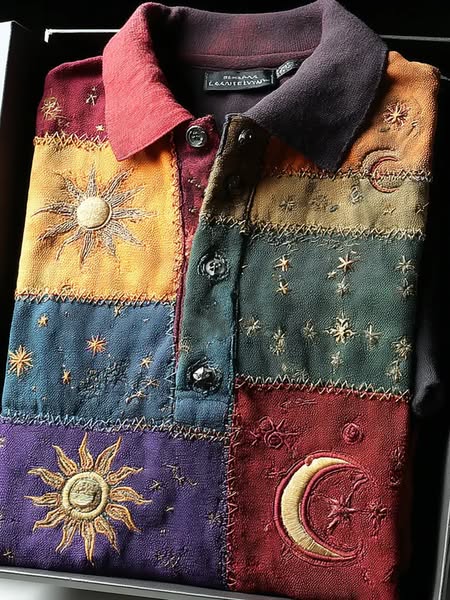 Men's Vintage Sun Moon Star Patchwork Art Print Short Sleeve Polo Shirt
