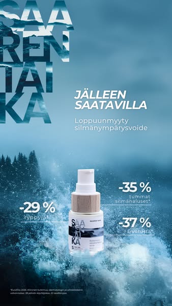 Tummat silmänaluset -35 %. Turvotus -37 %. Juonteet -29 %.
