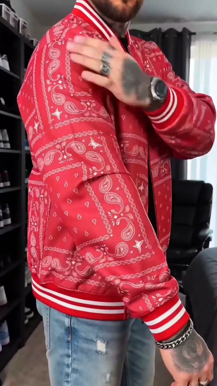 Men's Paisley Bandana Print Zip‑Up Baseball Bomber Jacket