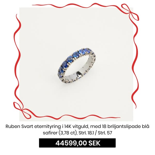 Ruben Svart eternityring i 14K vitguld, med 18 briljantslipade blå safirer (3,78 ct), Strl. 18.1 / Strl. 57