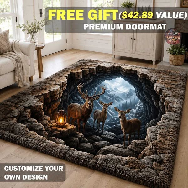 3D Deer Family Stone Cave Area Rug, Deer Cabin Kitchen Mat, Mountain Lantern Wild Runner Rug, Rustic Cabin Home Decor, Wildlife Cave Doormat