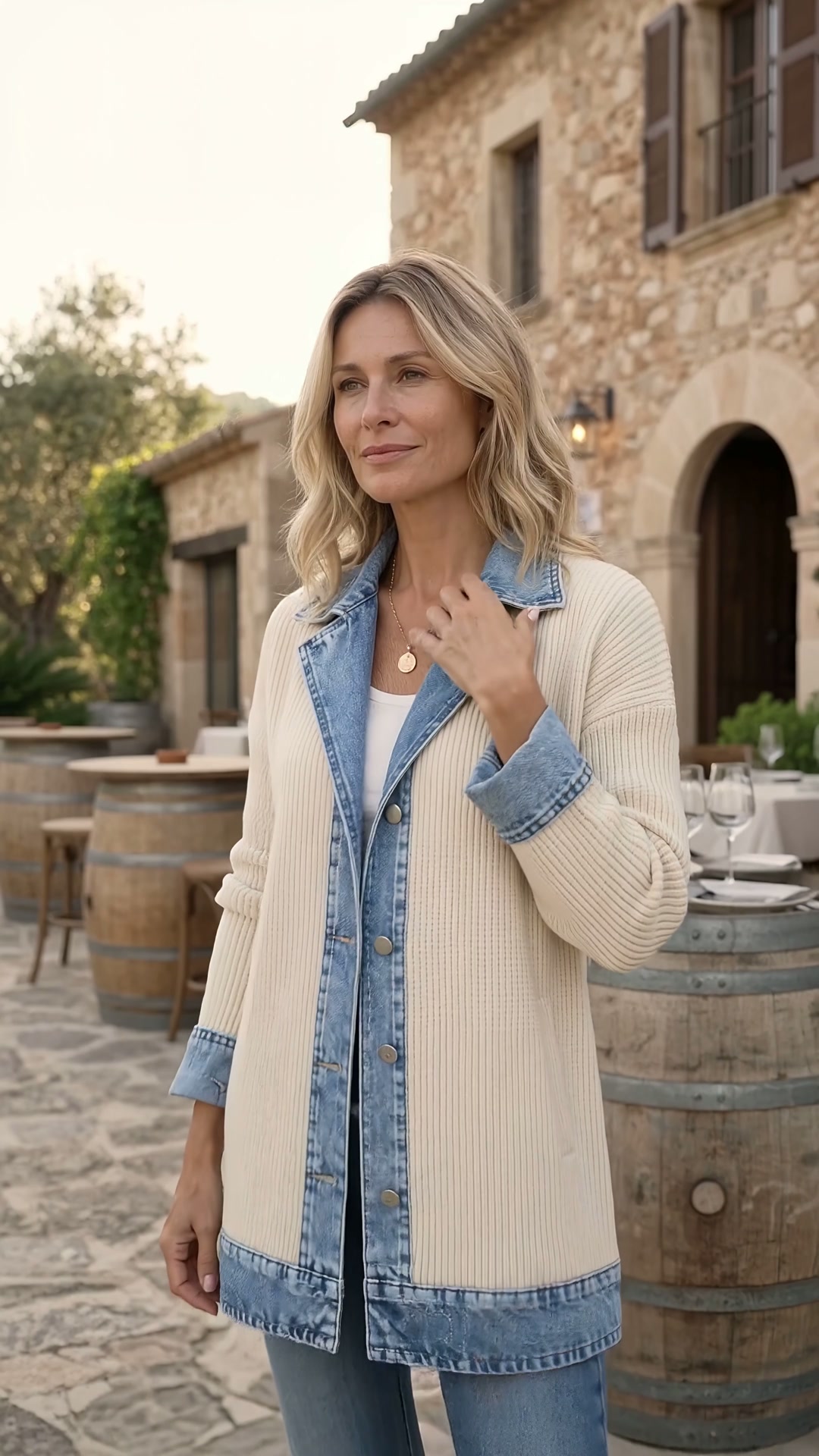 Abrigo Largo de Punto con Ribetes Denim