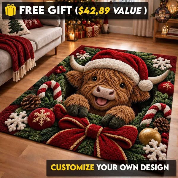 3D Highland Cow Christmas Area Rug, Pine Wreath Hole Runner Rug, Santa Hat Animal Kitchen Mat, Festive Decor Doormat, Christmas Home Decor