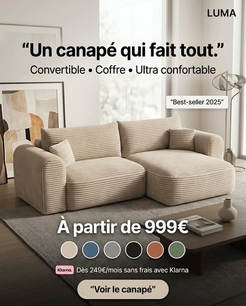 Canapé d’Angle Convertible LUMA – Velours Côtelé Épais – Coffre de Rangement