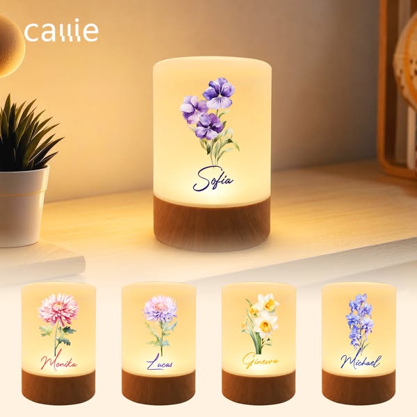 Personalized Birth Flower Dimmable Adjustable Color Touch Control Rechargeable Night Light with Name Bedroom Decor Birthday Gift for Woman
